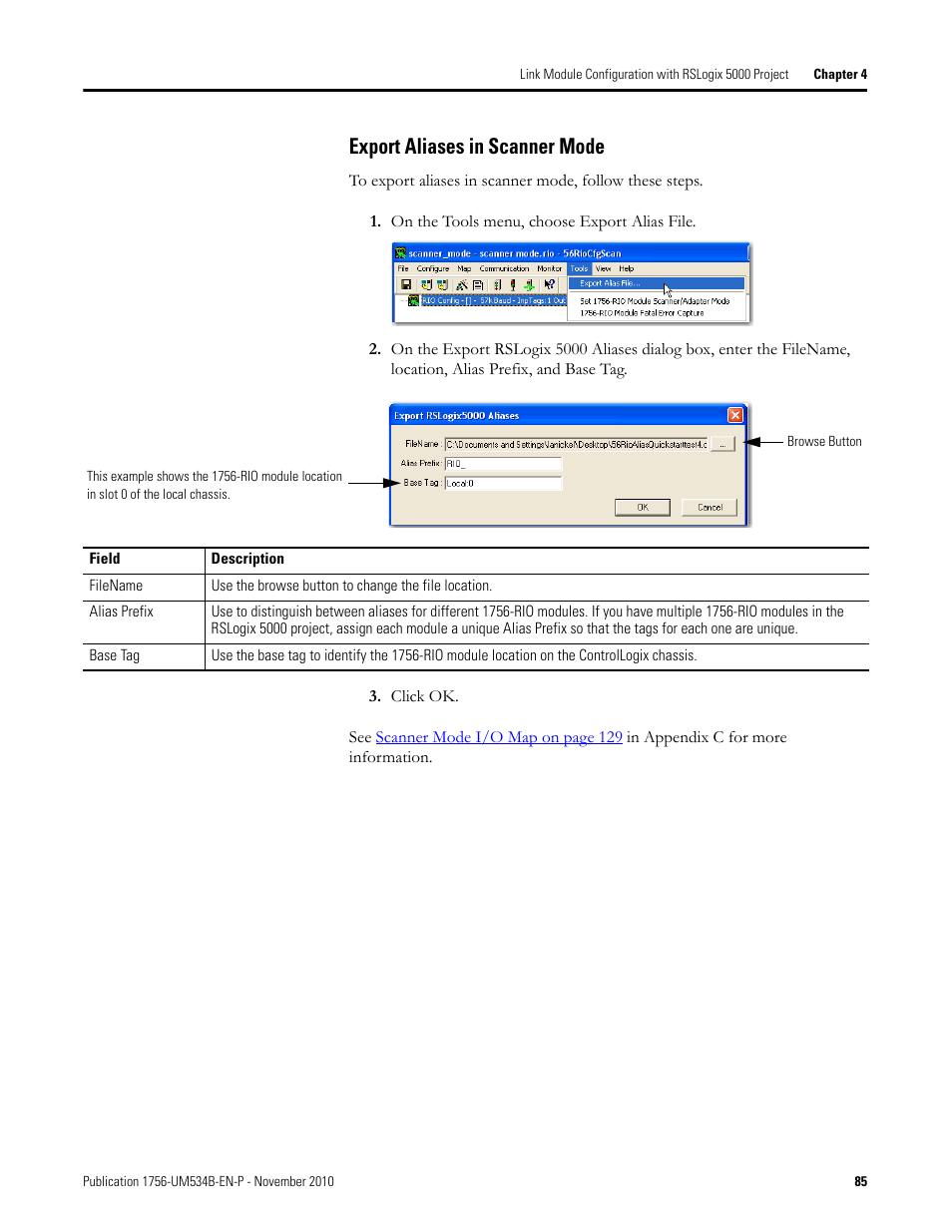 Export aliases in scanner mode | Rockwell Automation 1756-RIO ControlLogix Remote I/O Communication Interface Module User Manual User Manual | Page 85 / 176