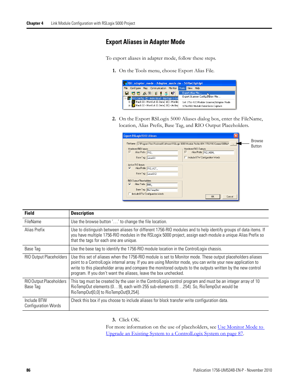 Export aliases in adapter mode | Rockwell Automation 1756-RIO ControlLogix Remote I/O Communication Interface Module User Manual User Manual | Page 86 / 176