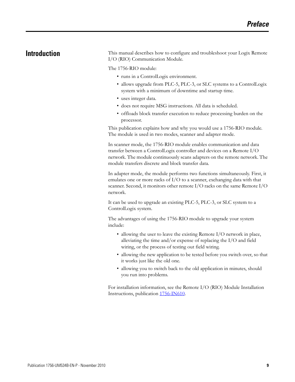Preface, Introduction, Preface introduction | Rockwell Automation 1756-RIO ControlLogix Remote I/O Communication Interface Module User Manual User Manual | Page 9 / 176