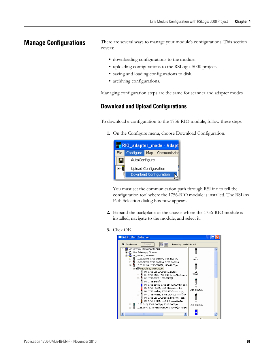 Manage configurations, Download and upload configurations | Rockwell Automation 1756-RIO ControlLogix Remote I/O Communication Interface Module User Manual User Manual | Page 91 / 176