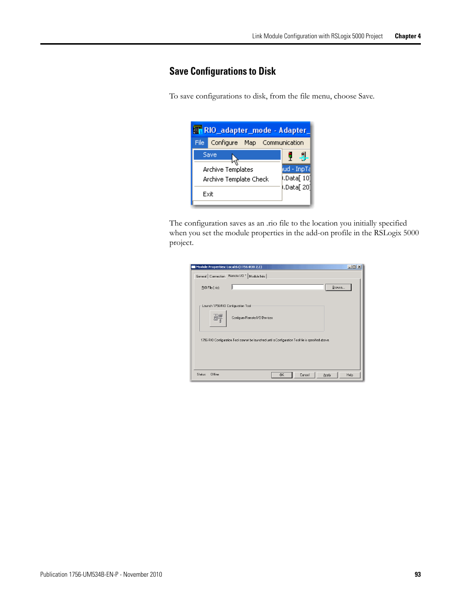 Save configurations to disk | Rockwell Automation 1756-RIO ControlLogix Remote I/O Communication Interface Module User Manual User Manual | Page 93 / 176