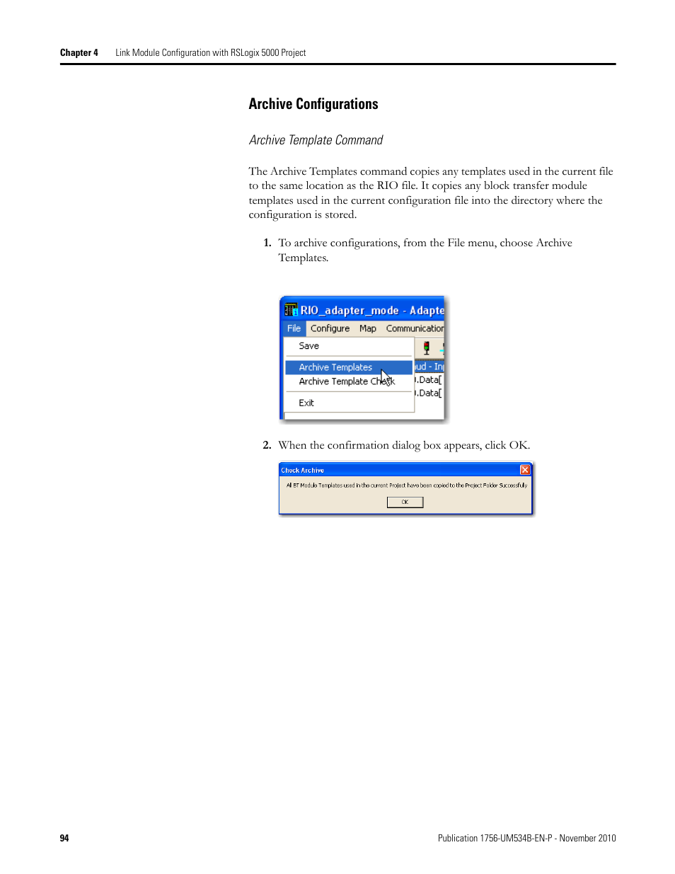 Archive configurations | Rockwell Automation 1756-RIO ControlLogix Remote I/O Communication Interface Module User Manual User Manual | Page 94 / 176