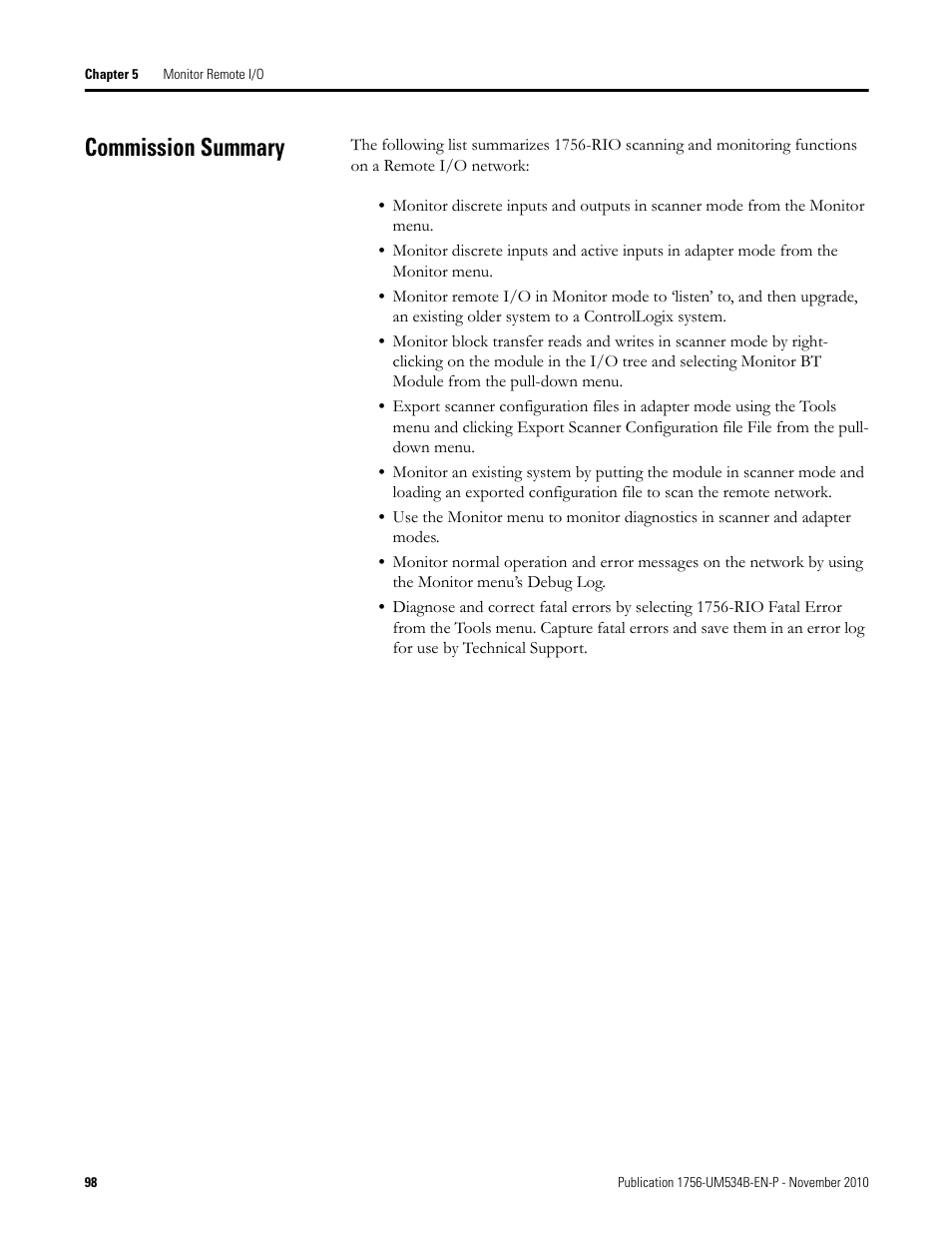 Commission summary | Rockwell Automation 1756-RIO ControlLogix Remote I/O Communication Interface Module User Manual User Manual | Page 98 / 176