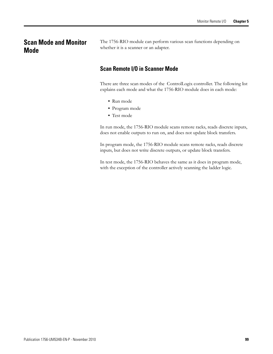 Scan mode and monitor mode, Scan remote i/o in scanner mode, For a | Rockwell Automation 1756-RIO ControlLogix Remote I/O Communication Interface Module User Manual User Manual | Page 99 / 176