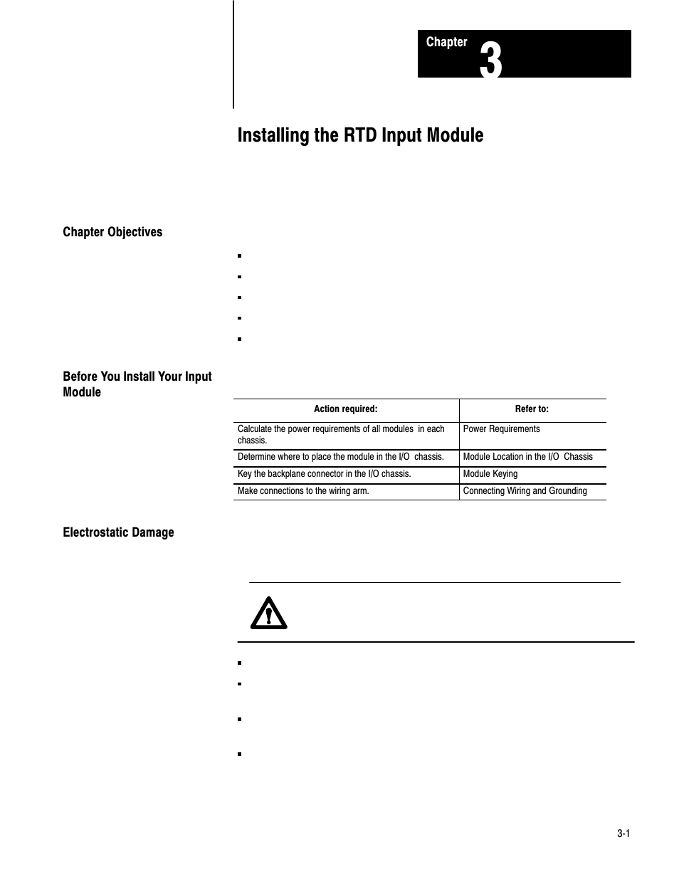 3 - installing the rtd input module, Chapter objectives, Before you install your input module | Electrostatic damage, Installing the rtd input module | Rockwell Automation 1771-IR , D17716.5.76 RTD INPUT MODULE User Manual | Page 12 / 68
