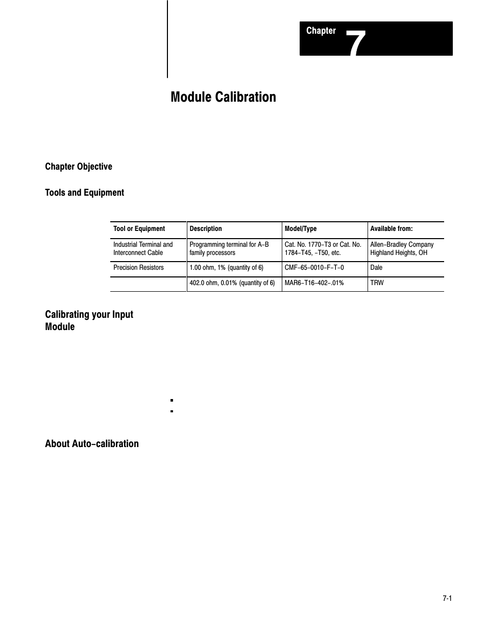 7 - module calibration, Chapter objective, Tools and equipment | Calibrating your input module, About auto-calibration, Module calibration | Rockwell Automation 1771-IR , D17716.5.76 RTD INPUT MODULE User Manual | Page 34 / 68