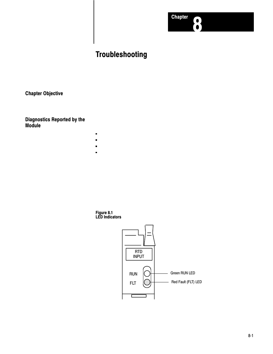 8 - troubleshooting, Chapter objective, Diagnostics reported by the module | Troubleshooting | Rockwell Automation 1771-IR , D17716.5.76 RTD INPUT MODULE User Manual | Page 42 / 68