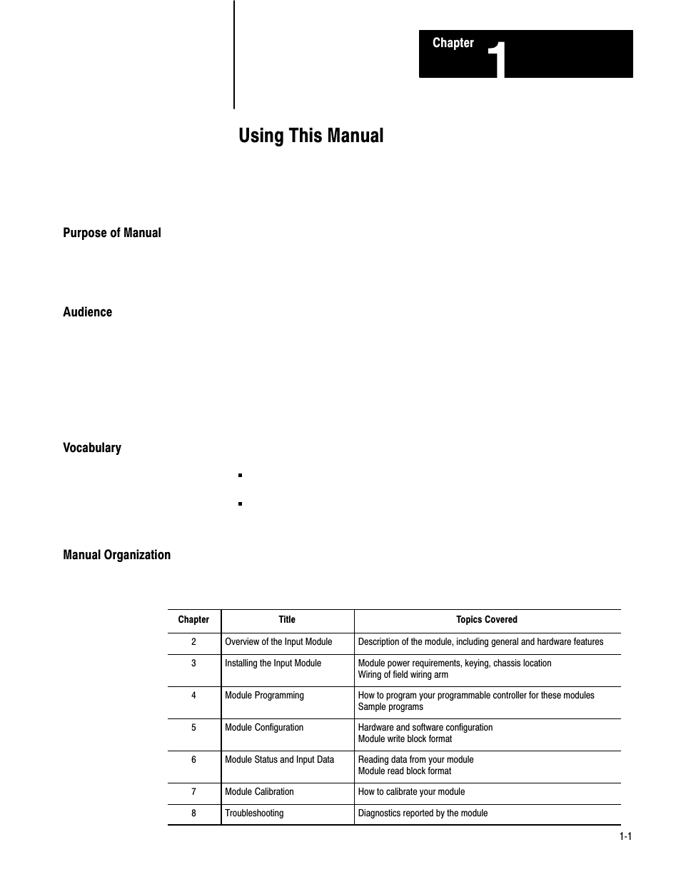 1 - using this manual, Purpose of manual, Audience | Vocabulary, Manual organization, Using this manual | Rockwell Automation 1771-IR , D17716.5.76 RTD INPUT MODULE User Manual | Page 6 / 68