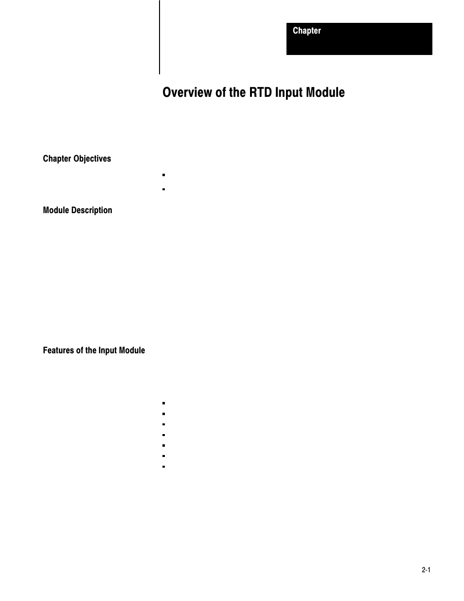 2 - overview of the rtd input module, Chapter objectives, Module description | Features of the input module, Overview of the rtd input module | Rockwell Automation 1771-IR , D17716.5.76 RTD INPUT MODULE User Manual | Page 9 / 68