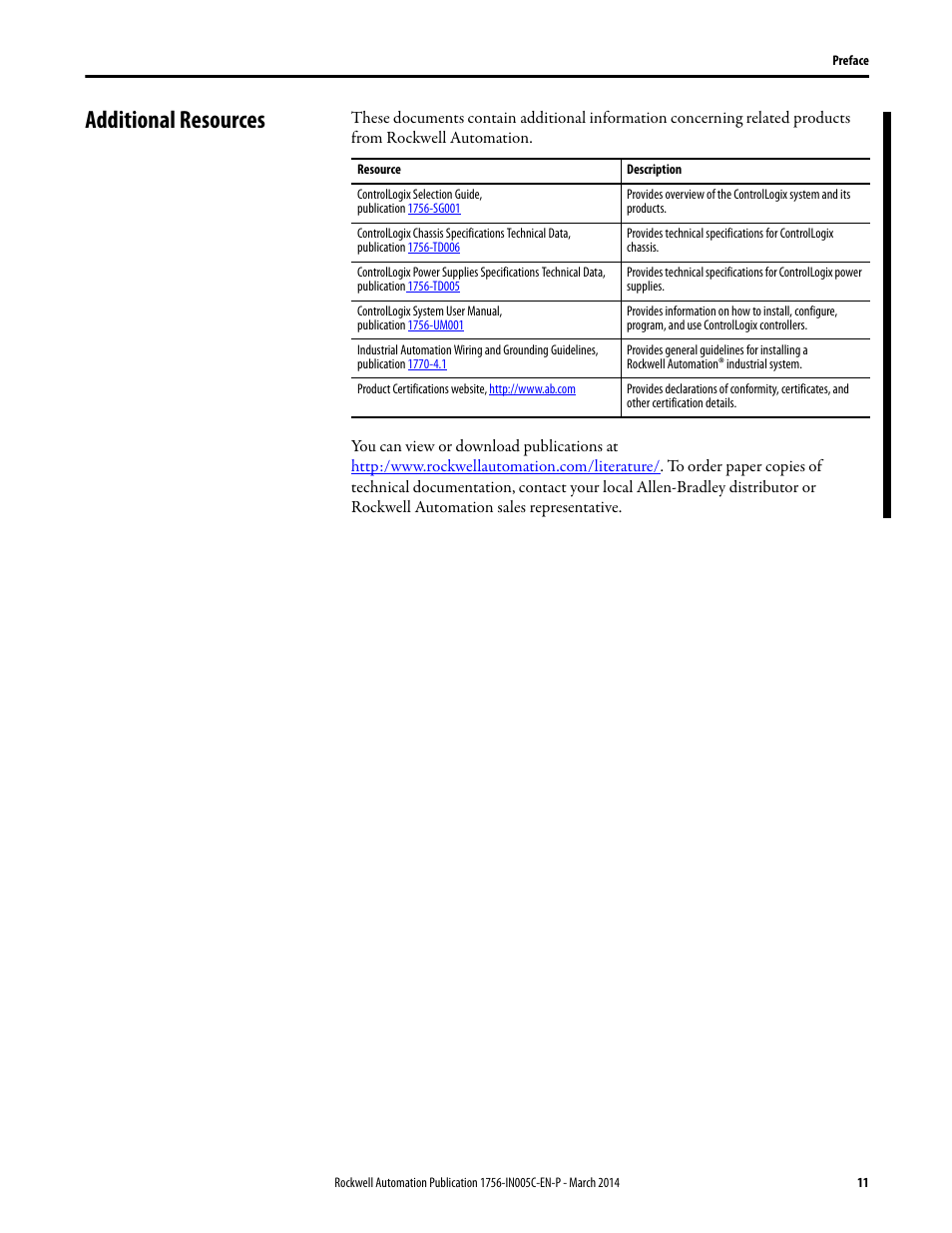 Additional resources | Rockwell Automation 1756-xxxx ControlLogix Chassis and Power Supplies Installation Instructions User Manual | Page 11 / 60