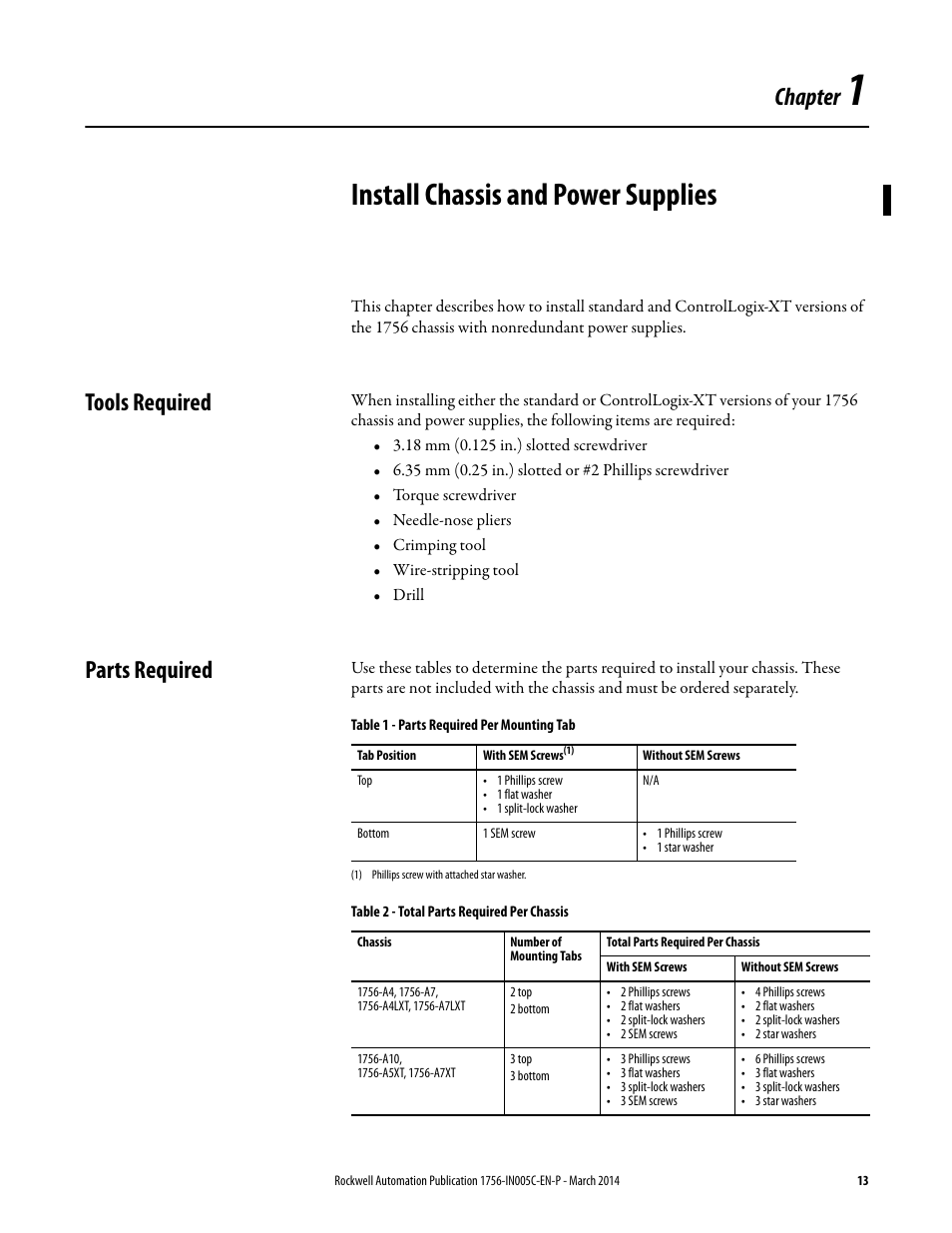 1 - install chassis and power supplies, Tools required, Parts required | Chapter 1, Install chassis and power supplies, Tools required parts required, Install chassis and power, Supplies, Chapter | Rockwell Automation 1756-xxxx ControlLogix Chassis and Power Supplies Installation Instructions User Manual | Page 13 / 60