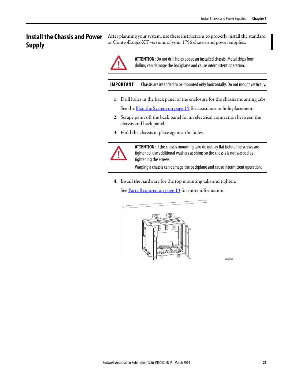 Install the chassis and power supply | Rockwell Automation 1756-xxxx ControlLogix Chassis and Power Supplies Installation Instructions User Manual | Page 21 / 60