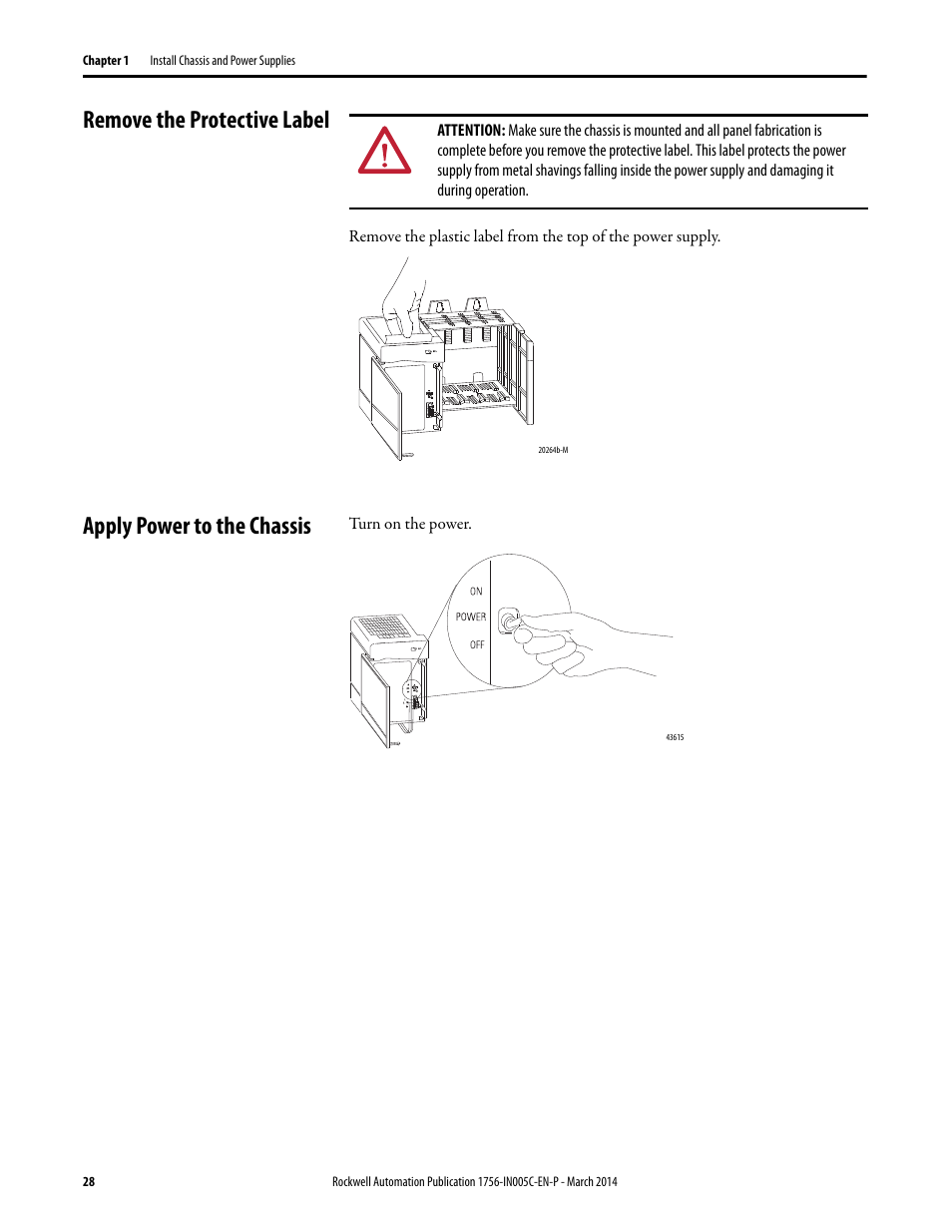 Remove the protective label, Apply power to the chassis | Rockwell Automation 1756-xxxx ControlLogix Chassis and Power Supplies Installation Instructions User Manual | Page 28 / 60