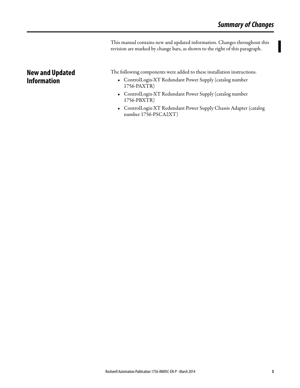 Summary of changes, New and updated information | Rockwell Automation 1756-xxxx ControlLogix Chassis and Power Supplies Installation Instructions User Manual | Page 3 / 60