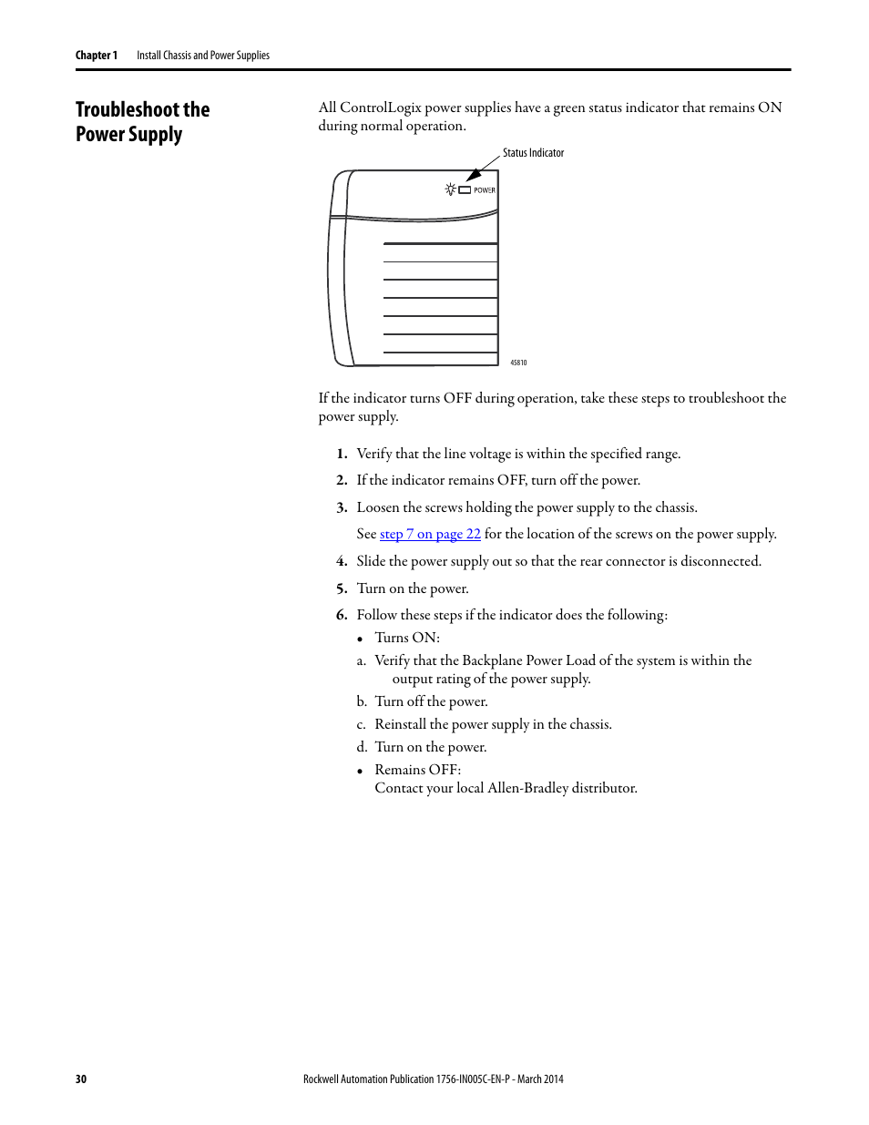 Troubleshoot the power supply | Rockwell Automation 1756-xxxx ControlLogix Chassis and Power Supplies Installation Instructions User Manual | Page 30 / 60