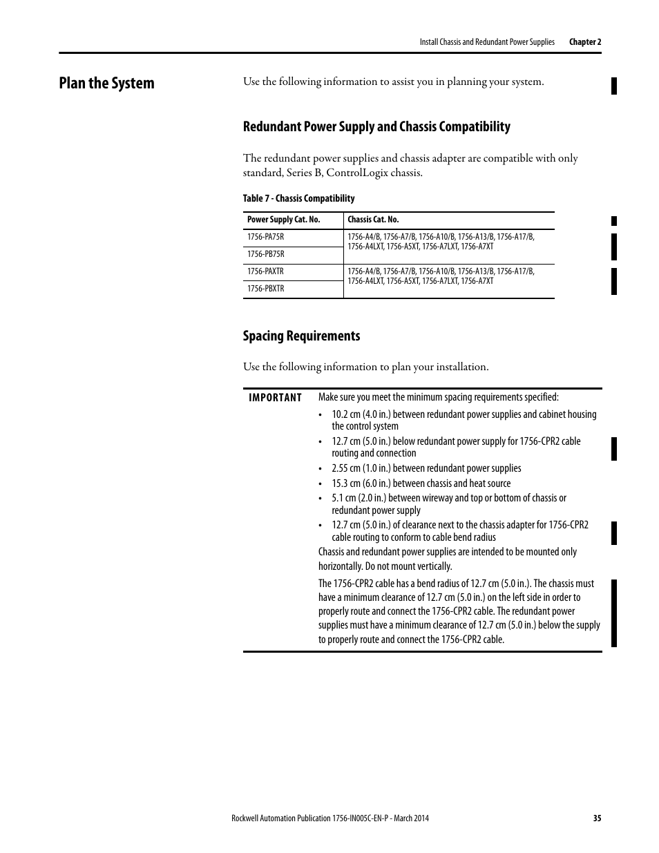 Plan the system, Redundant power supply and chassis compatibility, Spacing requirements | Rockwell Automation 1756-xxxx ControlLogix Chassis and Power Supplies Installation Instructions User Manual | Page 35 / 60