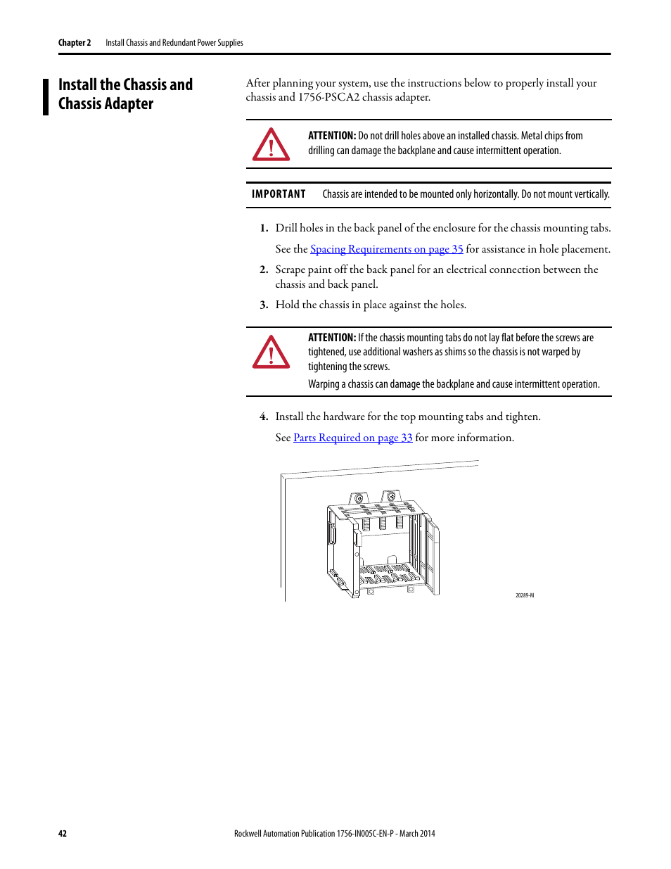 Install the chassis and chassis adapter | Rockwell Automation 1756-xxxx ControlLogix Chassis and Power Supplies Installation Instructions User Manual | Page 42 / 60