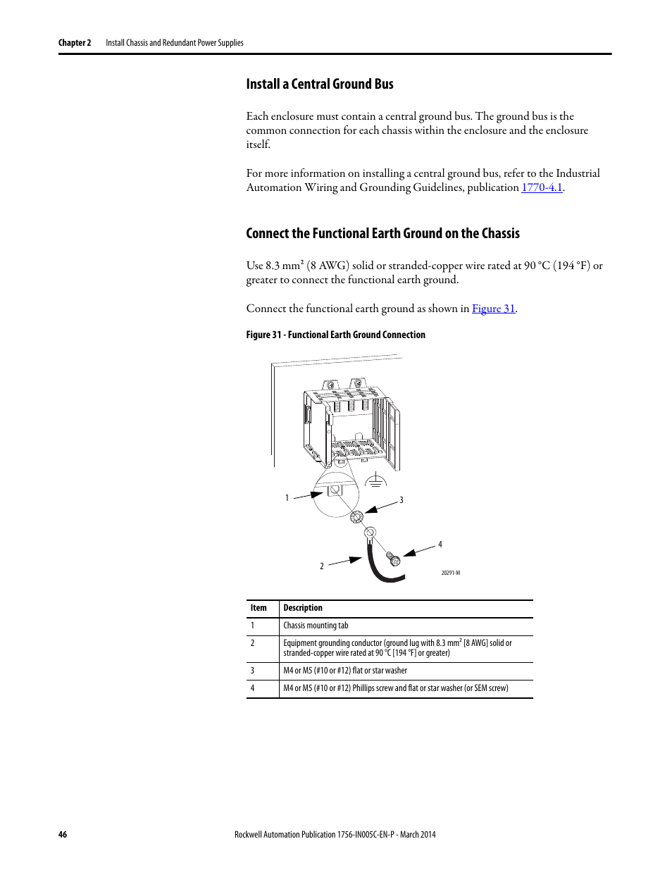 Install a central ground bus, Connect the functional earth ground on the chassis | Rockwell Automation 1756-xxxx ControlLogix Chassis and Power Supplies Installation Instructions User Manual | Page 46 / 60