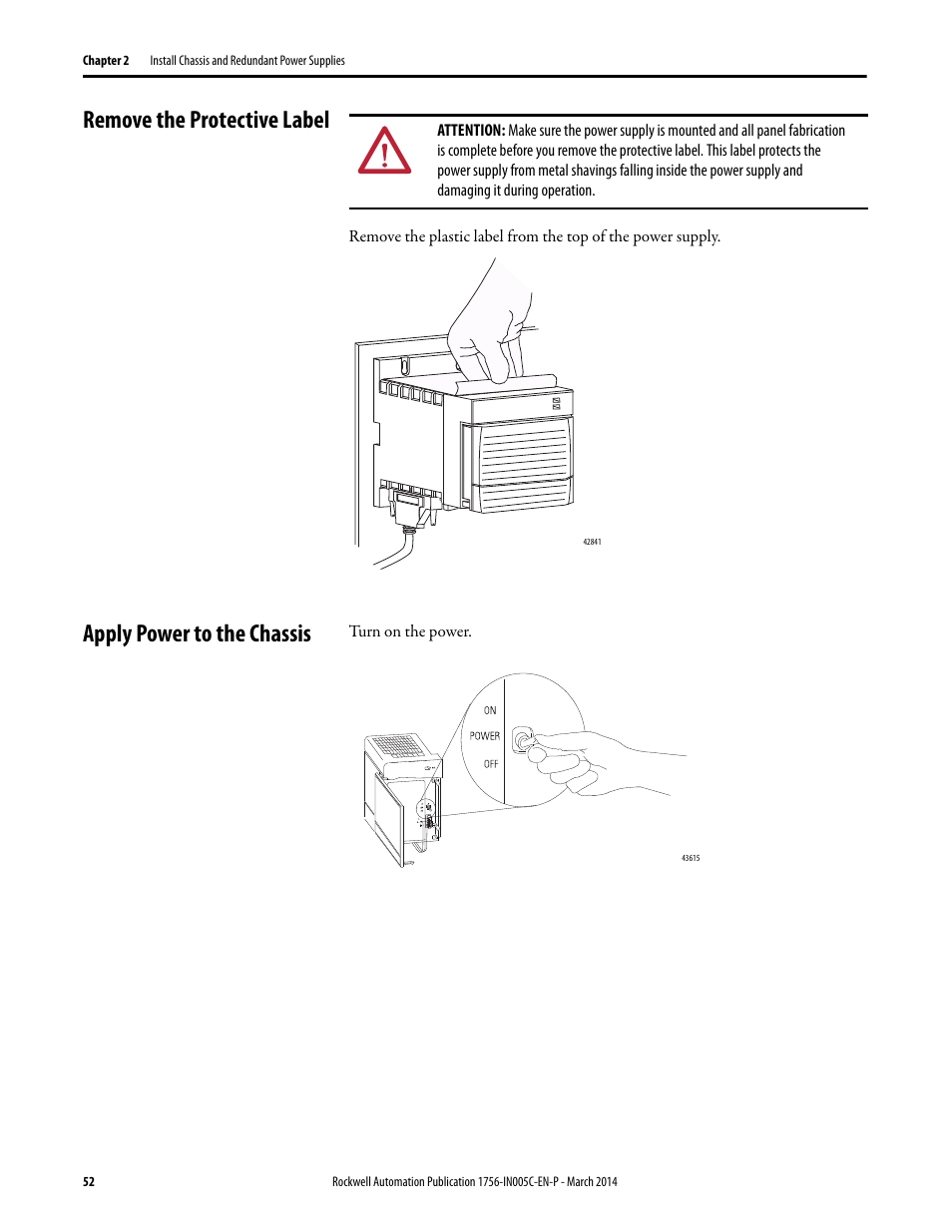 Remove the protective label, Apply power to the chassis | Rockwell Automation 1756-xxxx ControlLogix Chassis and Power Supplies Installation Instructions User Manual | Page 52 / 60