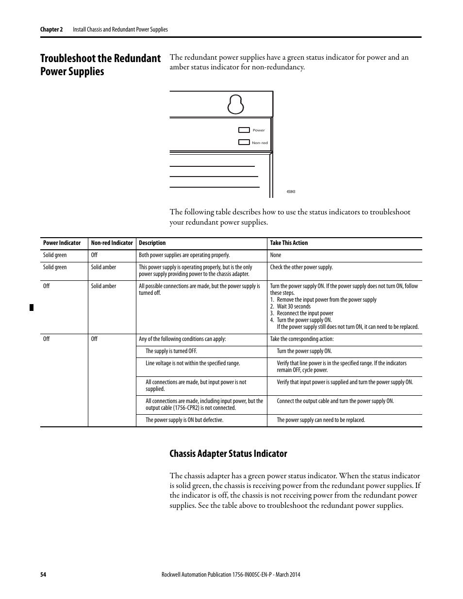 Troubleshoot the redundant power supplies, Chassis adapter status indicator | Rockwell Automation 1756-xxxx ControlLogix Chassis and Power Supplies Installation Instructions User Manual | Page 54 / 60