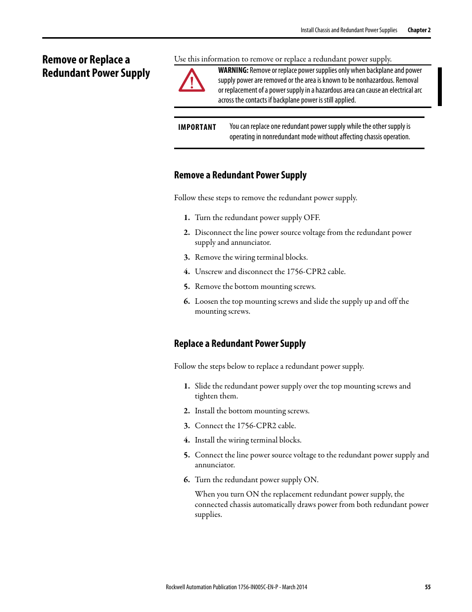 Remove or replace a redundant power supply, Remove a redundant power supply, Replace a redundant power supply | Rockwell Automation 1756-xxxx ControlLogix Chassis and Power Supplies Installation Instructions User Manual | Page 55 / 60