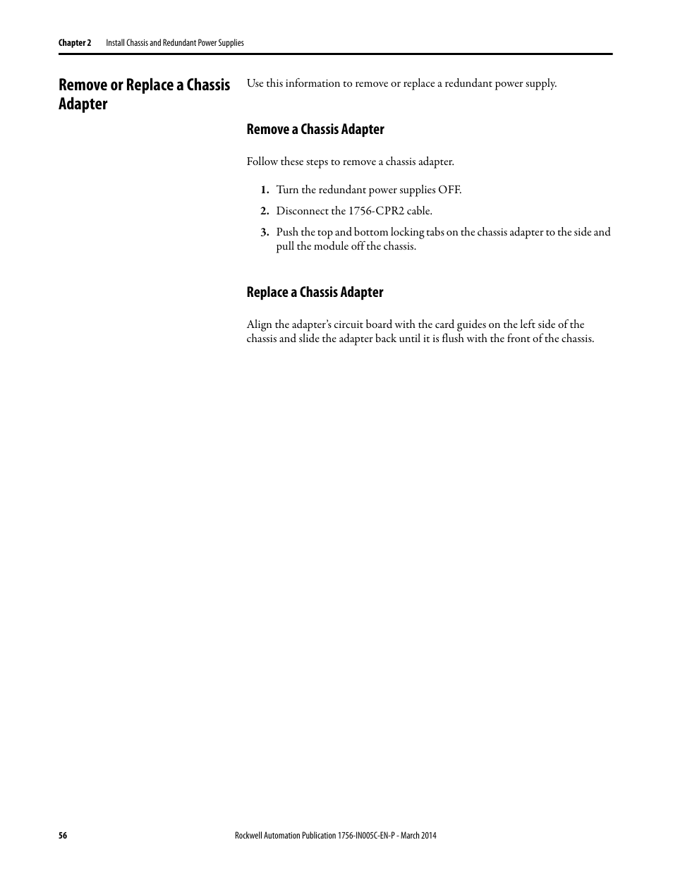 Remove or replace a chassis adapter, Remove a chassis adapter, Replace a chassis adapter | Remove a chassis adapter replace a chassis adapter | Rockwell Automation 1756-xxxx ControlLogix Chassis and Power Supplies Installation Instructions User Manual | Page 56 / 60