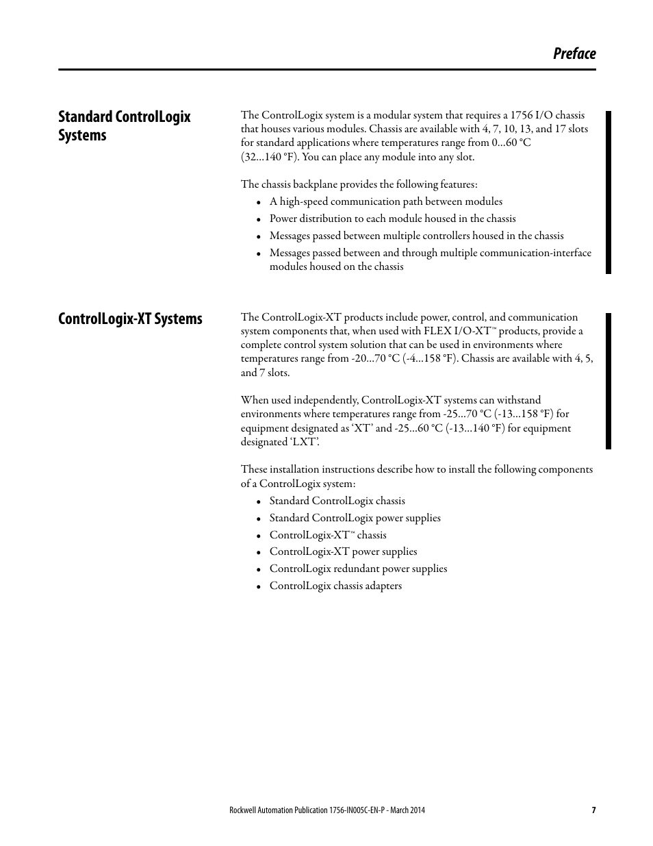 Preface, Standard controllogix systems, Controllogix-xt systems | Preface standard controllogix systems | Rockwell Automation 1756-xxxx ControlLogix Chassis and Power Supplies Installation Instructions User Manual | Page 7 / 60