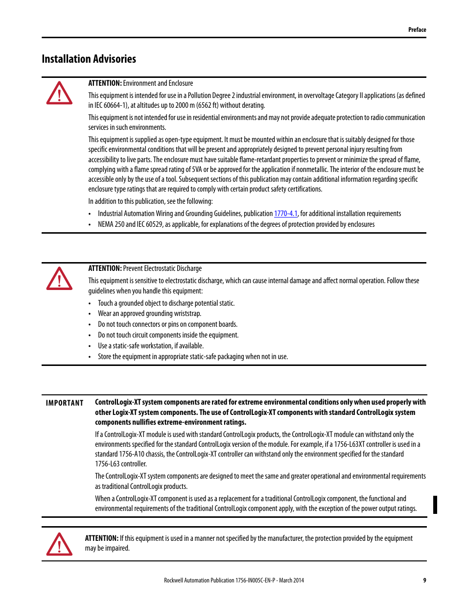 Installation advisories | Rockwell Automation 1756-xxxx ControlLogix Chassis and Power Supplies Installation Instructions User Manual | Page 9 / 60