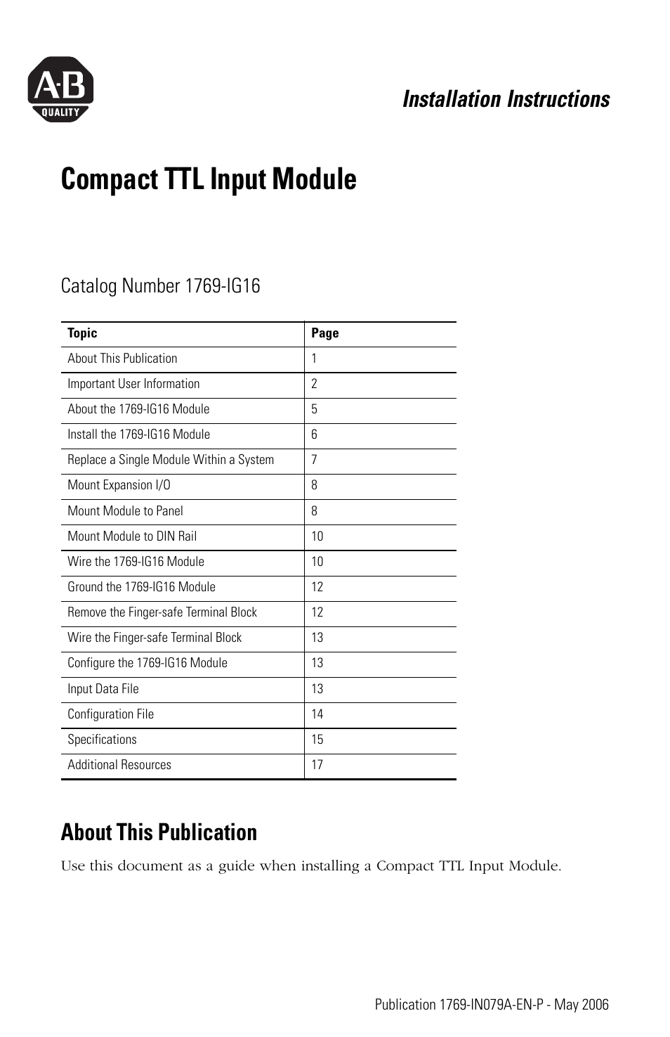 Rockwell Automation 1769-IG16 Compact TTL Input Module User Manual | 20 pages