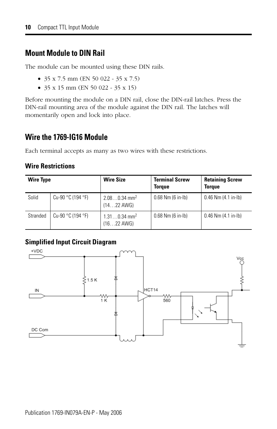 Mount module to din rail, Wire the 1769-ig16 module, Simplified input circuit diagram wire restrictions | Rockwell Automation 1769-IG16 Compact TTL Input Module User Manual | Page 10 / 20