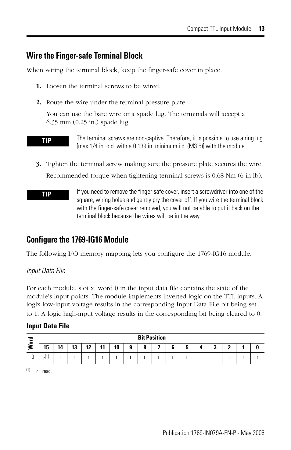 Wire the finger-safe terminal block, Configure the 1769-ig16 module, Input data file | Rockwell Automation 1769-IG16 Compact TTL Input Module User Manual | Page 13 / 20