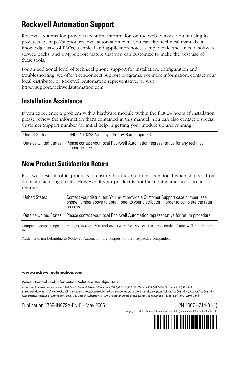 Back cover, H',.!¶1p, Rockwell automation support | Installation assistance, New product satisfaction return | Rockwell Automation 1769-IG16 Compact TTL Input Module User Manual | Page 20 / 20