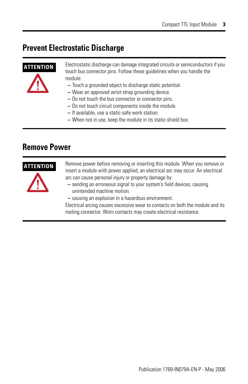 Prevent electrostatic discharge, Remove power, Prevent electrostatic discharge remove power | Rockwell Automation 1769-IG16 Compact TTL Input Module User Manual | Page 3 / 20