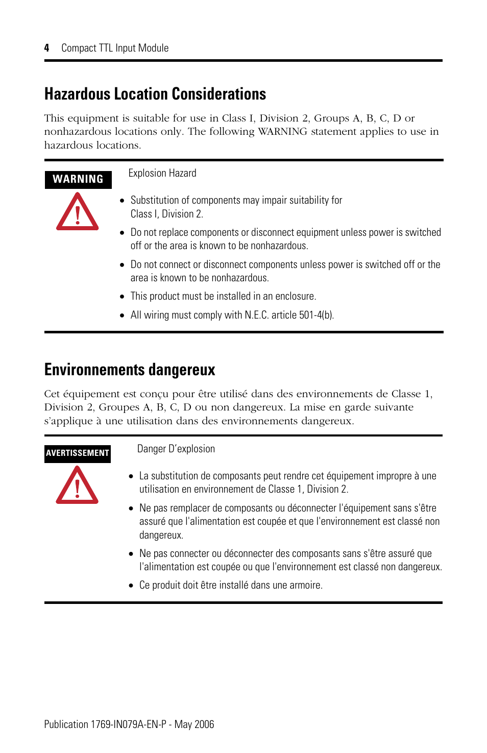 Hazardous location considerations, Environnements dangereux | Rockwell Automation 1769-IG16 Compact TTL Input Module User Manual | Page 4 / 20