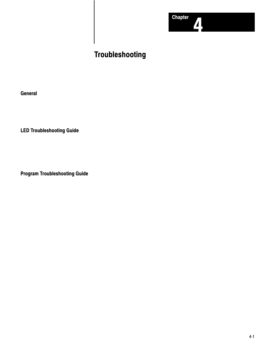 4 - troubleshooting, General, Led troubleshooting guide | Program troubleshooting guide, Troubleshooting | Rockwell Automation 1771-PD PID MODULE (+DU) User Manual | Page 133 / 242