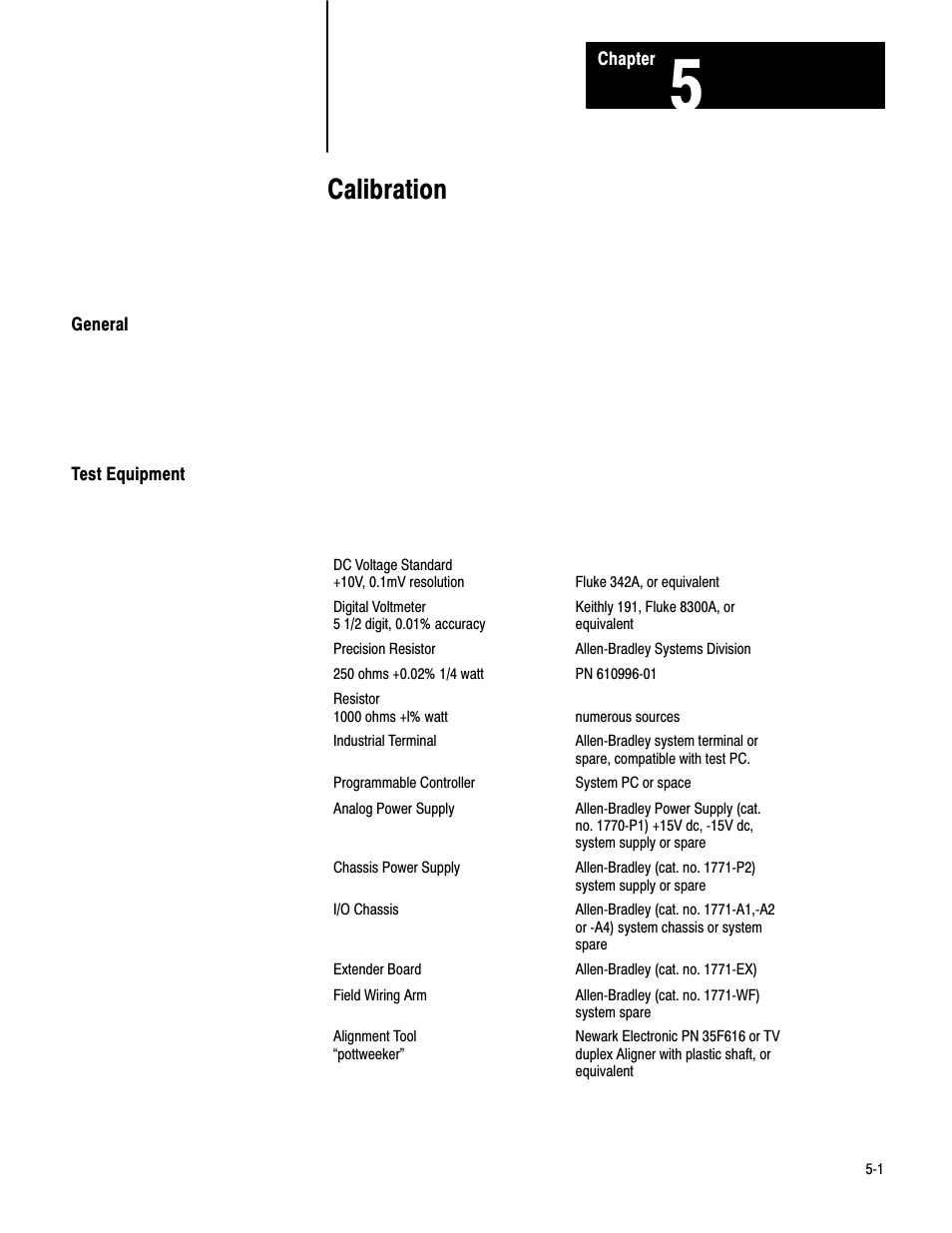5 - calibration, General, Test equipment | Calibration | Rockwell Automation 1771-PD PID MODULE (+DU) User Manual | Page 136 / 242