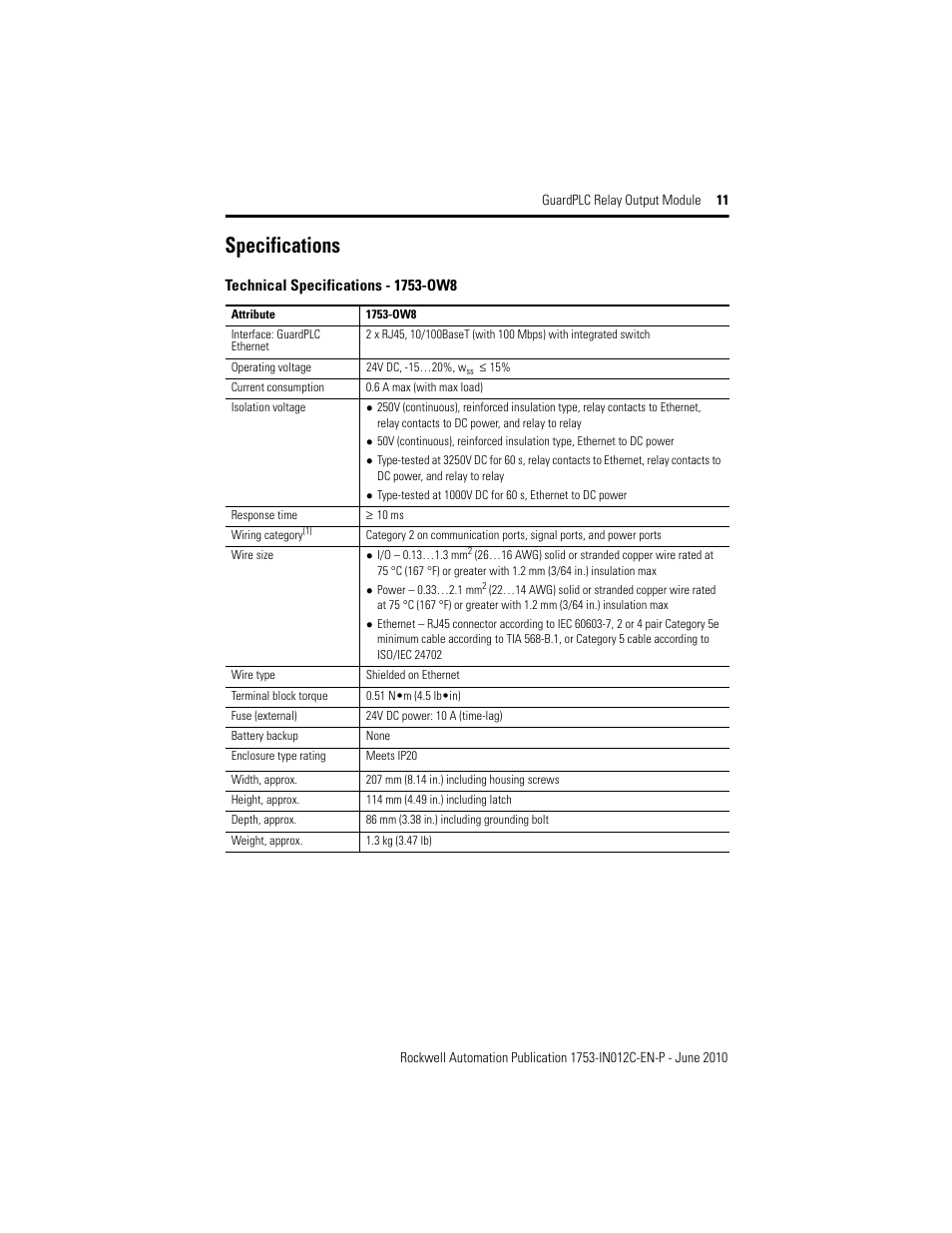 Specifications | Rockwell Automation 1753-OW8 GuardPLC 8-Relay Output Module Installation Instructions User Manual | Page 11 / 16