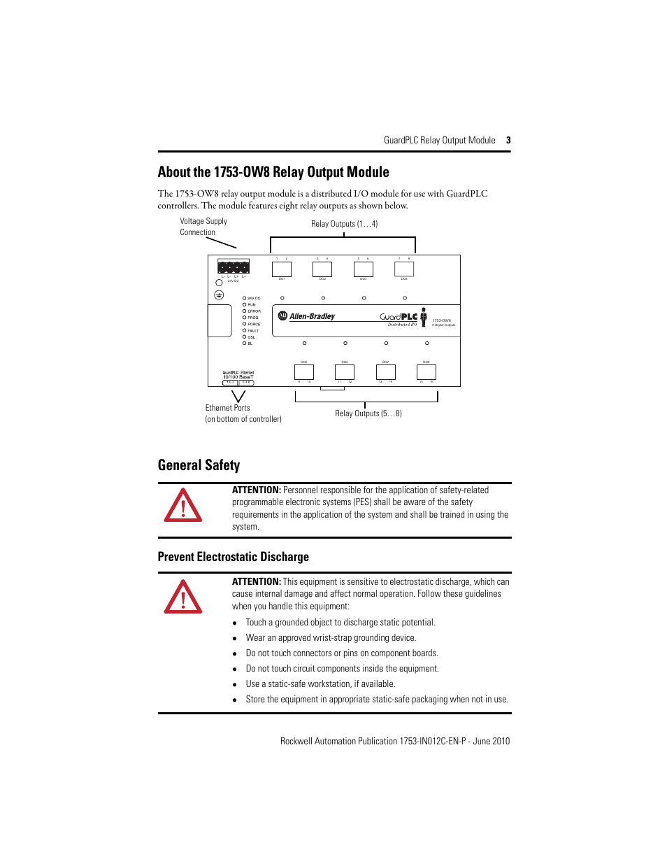 About the 1753-ow8 relay output module, General safety, Prevent electrostatic discharge | Wear an approved wrist-strap grounding device, Use a static-safe workstation, if available | Rockwell Automation 1753-OW8 GuardPLC 8-Relay Output Module Installation Instructions User Manual | Page 3 / 16