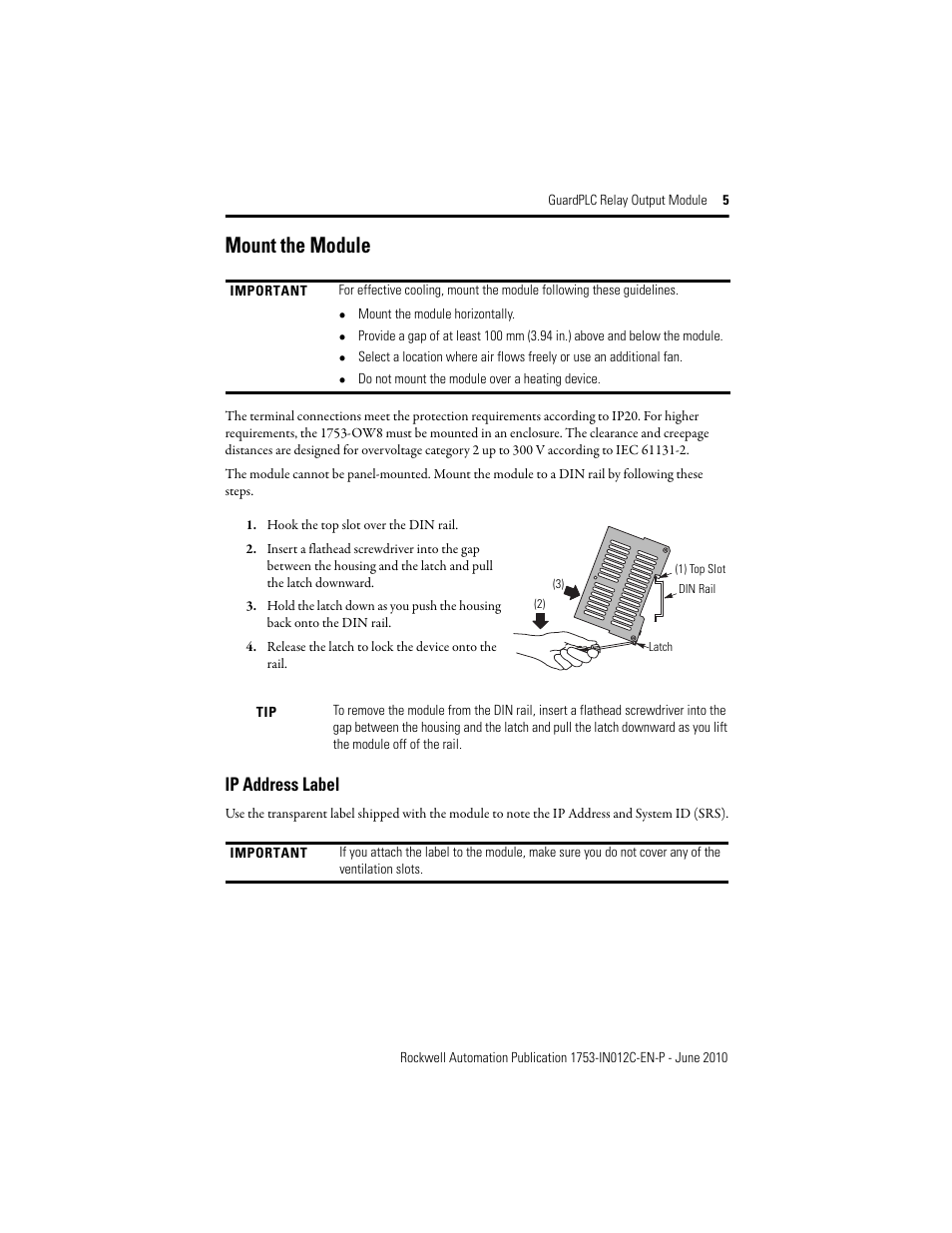 Mount the module, Ip address label | Rockwell Automation 1753-OW8 GuardPLC 8-Relay Output Module Installation Instructions User Manual | Page 5 / 16