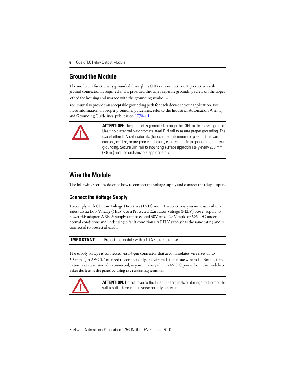 Ground the module, Wire the module, Connect the voltage supply | Rockwell Automation 1753-OW8 GuardPLC 8-Relay Output Module Installation Instructions User Manual | Page 6 / 16