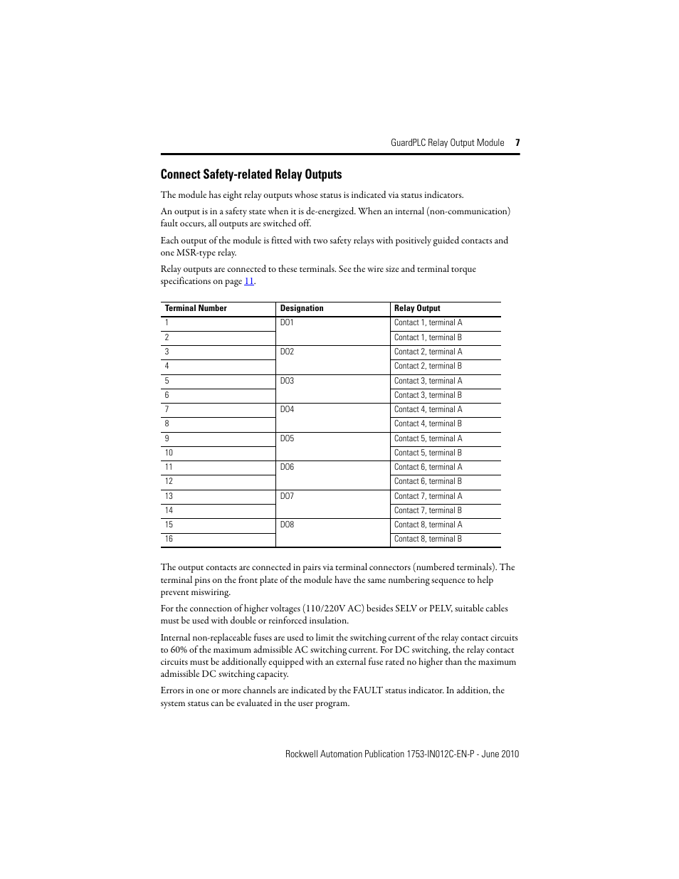 Connect safety-related relay outputs | Rockwell Automation 1753-OW8 GuardPLC 8-Relay Output Module Installation Instructions User Manual | Page 7 / 16