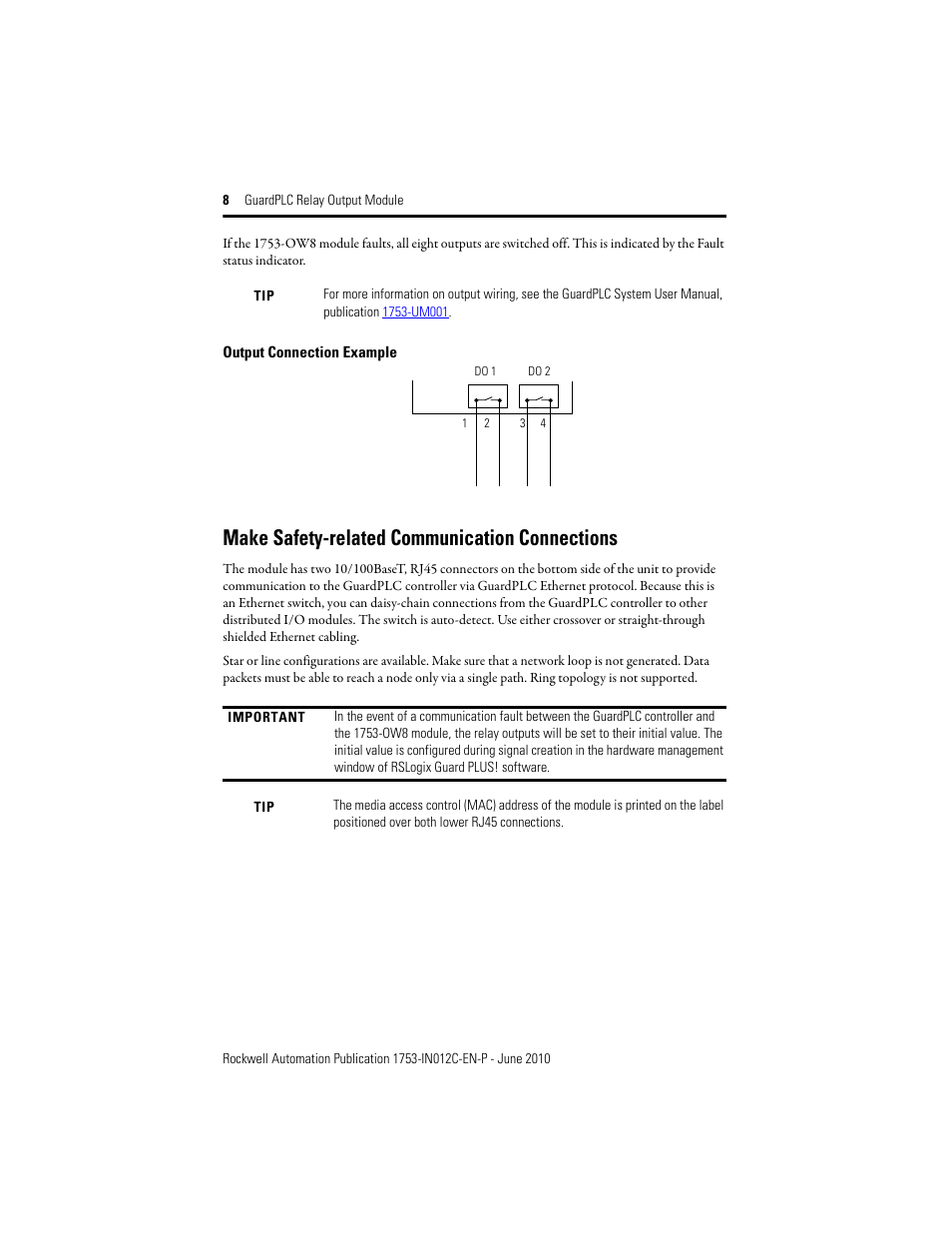 Make safety-related communication connections | Rockwell Automation 1753-OW8 GuardPLC 8-Relay Output Module Installation Instructions User Manual | Page 8 / 16