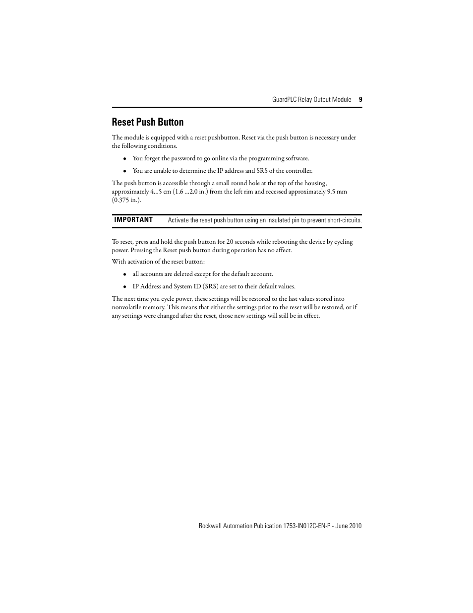 Reset push button | Rockwell Automation 1753-OW8 GuardPLC 8-Relay Output Module Installation Instructions User Manual | Page 9 / 16