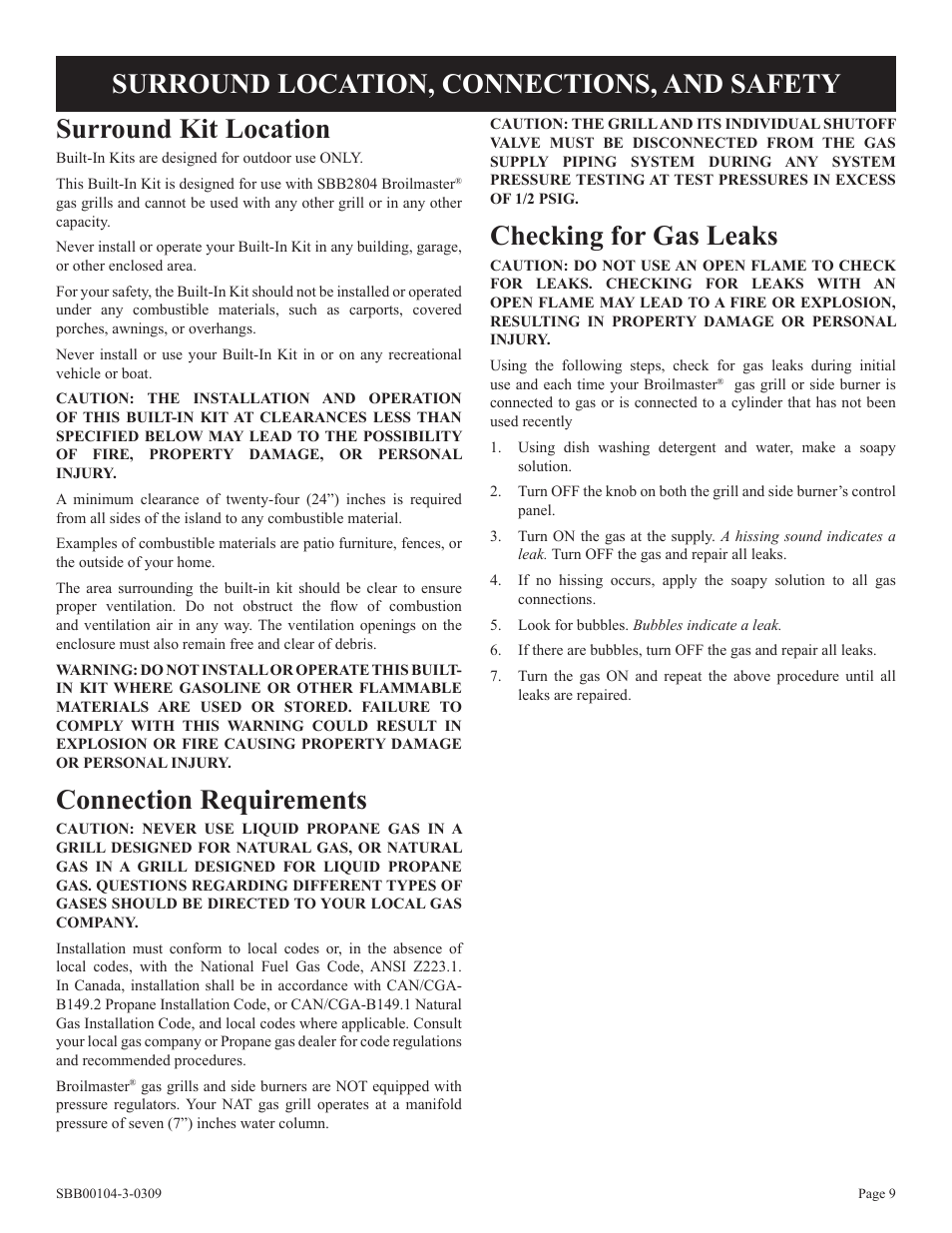 Surround kit location, Connection requirements, Checking for gas leaks | Surround location, connections, and safety | Broilmaster SBB2804-1 User Manual | Page 9 / 24
