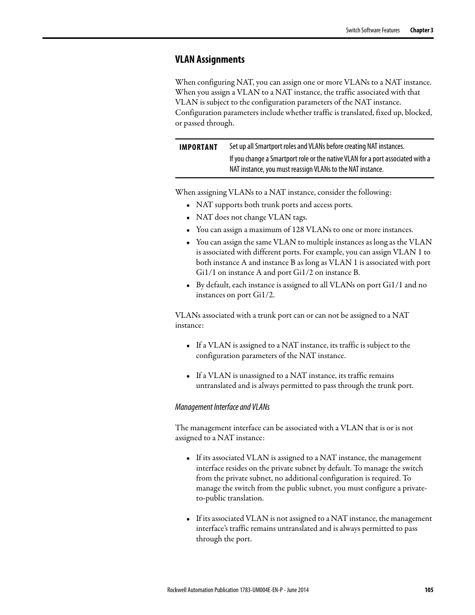 Vlan assignments | Rockwell Automation 1783-BMxxx Stratix 5700 Ethernet Managed Switches User Manual User Manual | Page 105 / 294