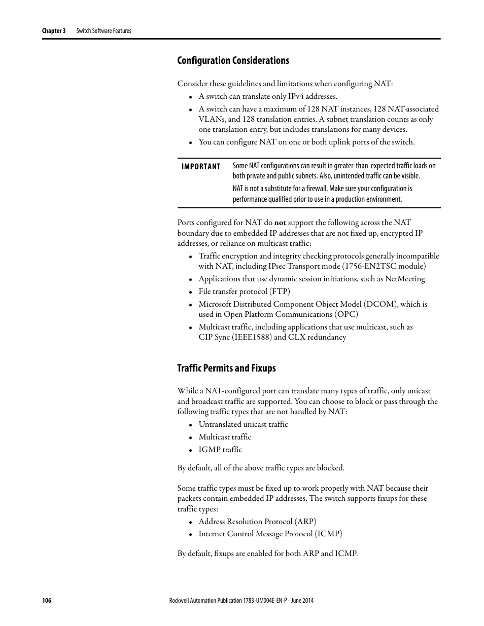 Configuration considerations, Traffic permits and fixups | Rockwell Automation 1783-BMxxx Stratix 5700 Ethernet Managed Switches User Manual User Manual | Page 106 / 294