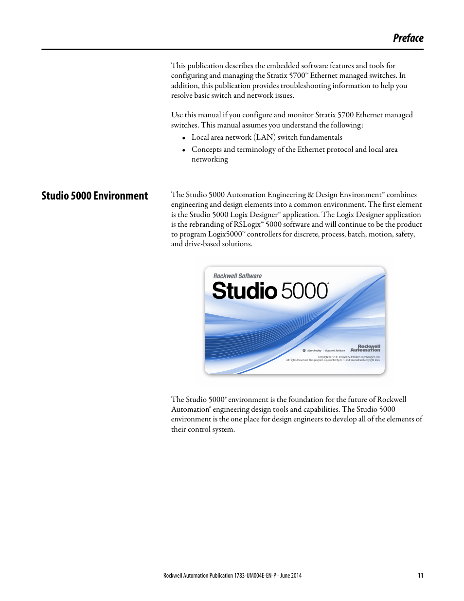 Preface, Studio 5000 environment | Rockwell Automation 1783-BMxxx Stratix 5700 Ethernet Managed Switches User Manual User Manual | Page 11 / 294