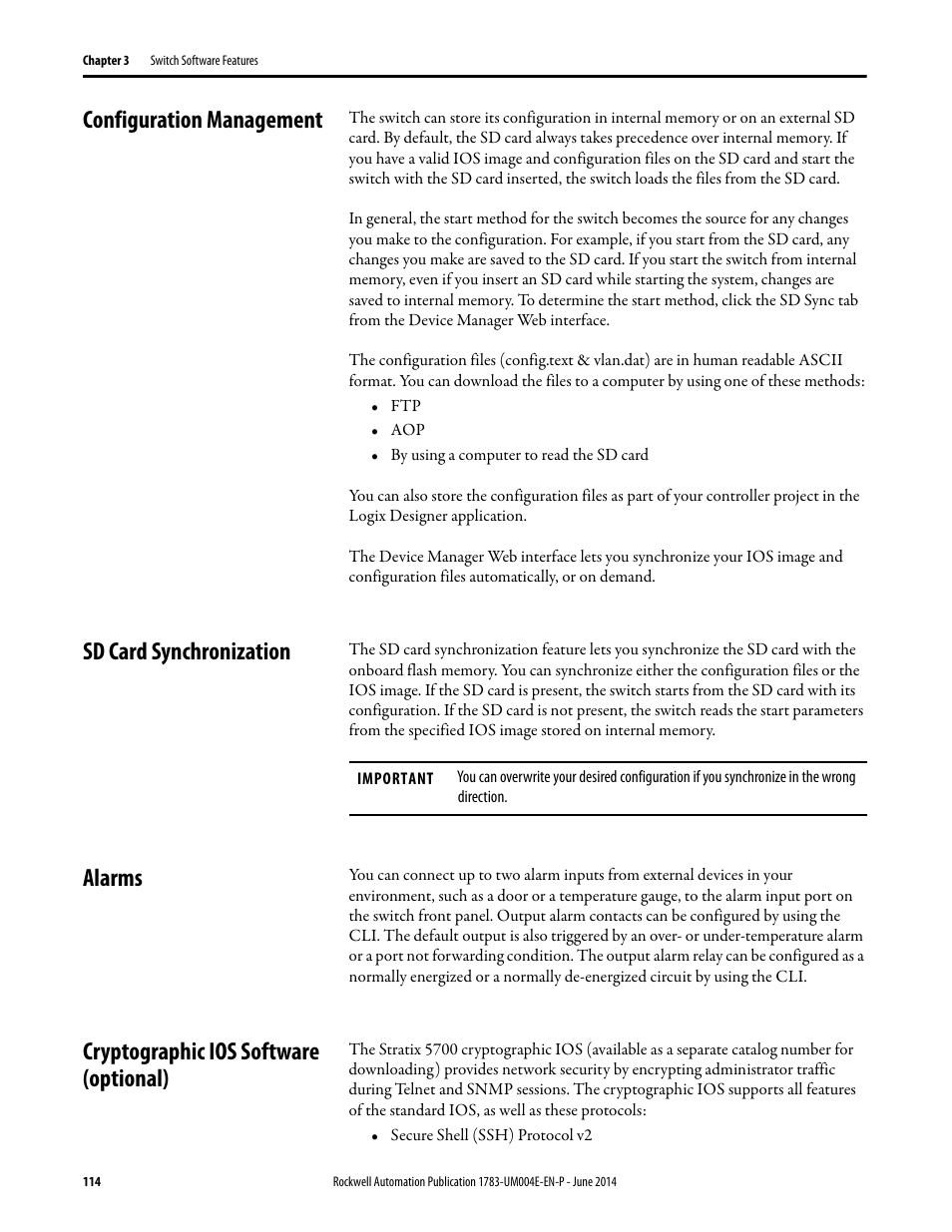 Configuration management, Sd card synchronization, Alarms | Cryptographic ios software (optional) | Rockwell Automation 1783-BMxxx Stratix 5700 Ethernet Managed Switches User Manual User Manual | Page 114 / 294