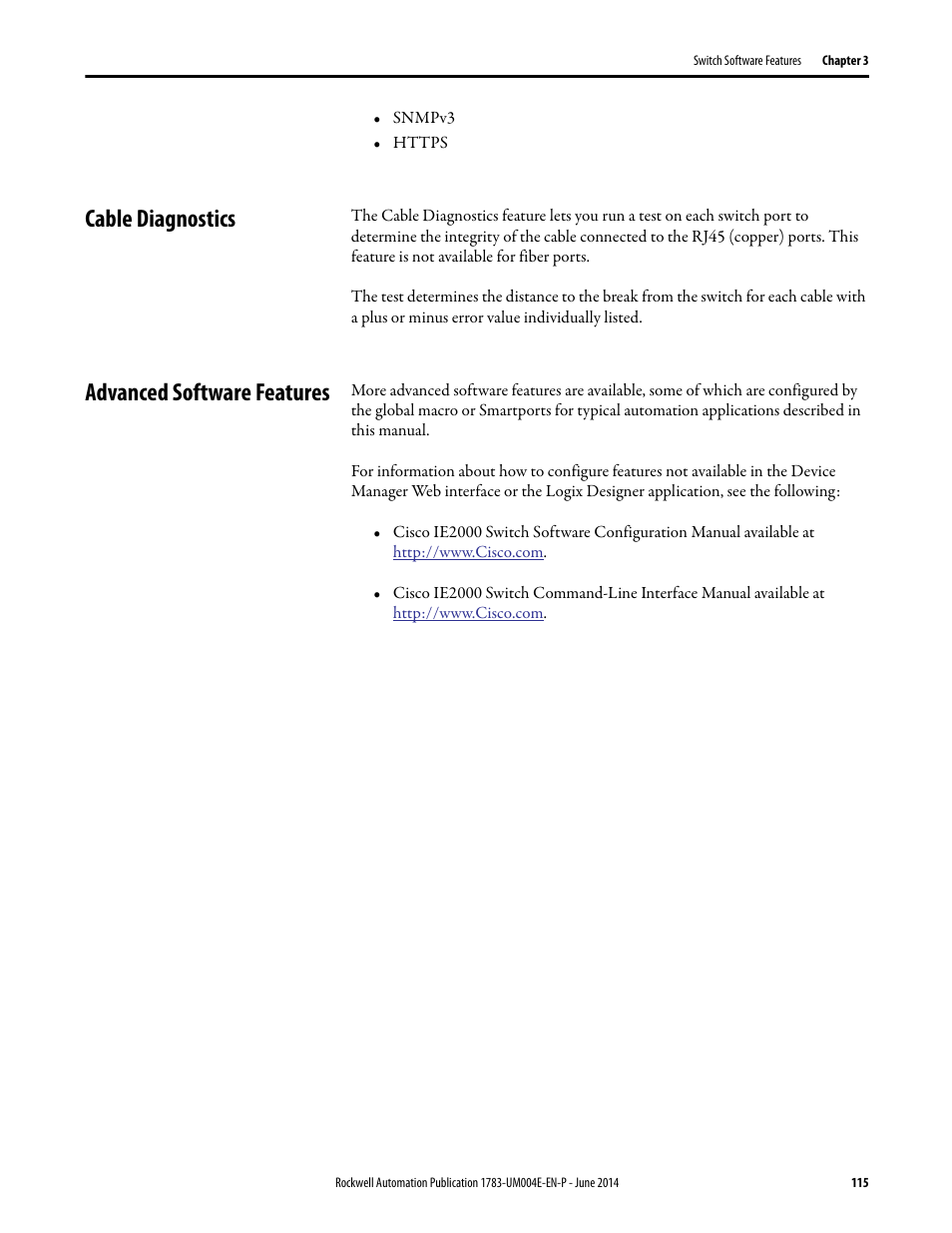 Cable diagnostics, Advanced software features, Cable diagnostics advanced software features | Rockwell Automation 1783-BMxxx Stratix 5700 Ethernet Managed Switches User Manual User Manual | Page 115 / 294