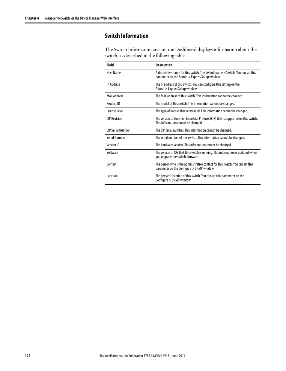 Switch information | Rockwell Automation 1783-BMxxx Stratix 5700 Ethernet Managed Switches User Manual User Manual | Page 122 / 294